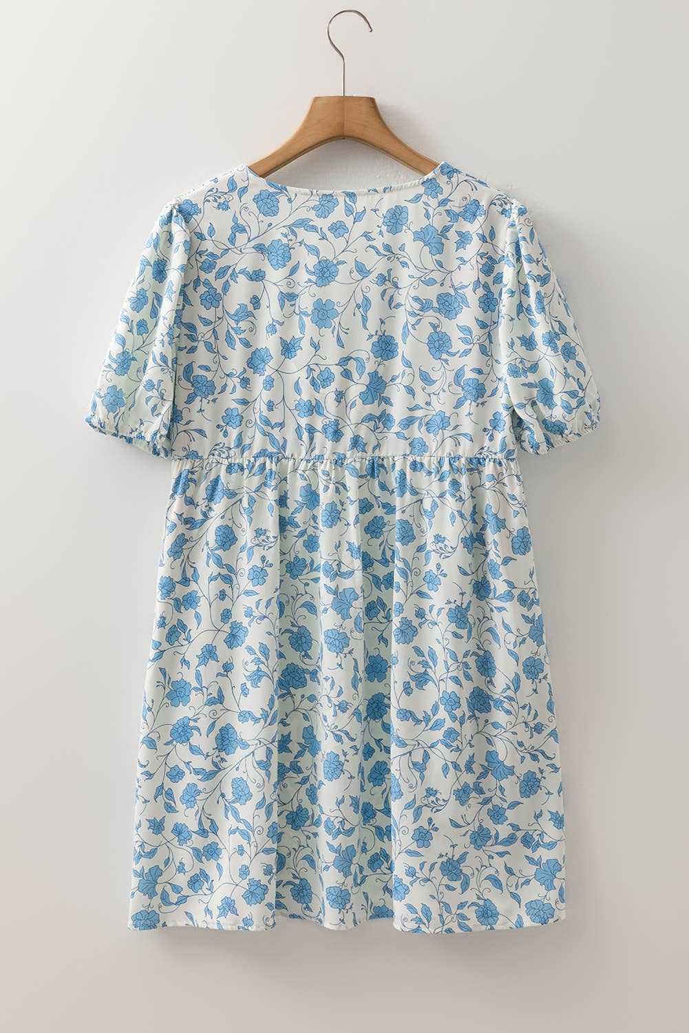 LAS Floral Contrast Bow Puff Sleeve Mini Dress (S-XL): Sky Blue