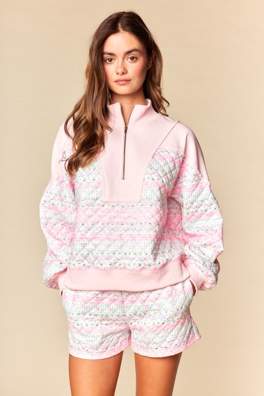 Pastel Patchwork Quilted Half-Zip Pullover Set