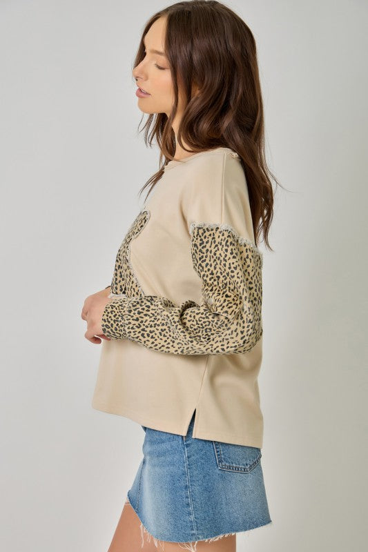 Leopard Motif Washed Terry & Denim Two-Fer Sweatshirt