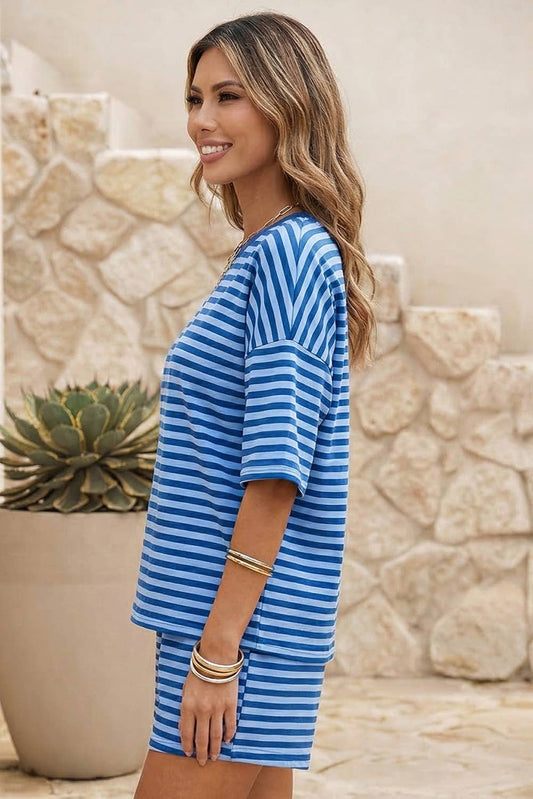 LDC Stripe Dropped Shoulder Tee Loose 2pcs Short Set | S-4X: Blue Stripe