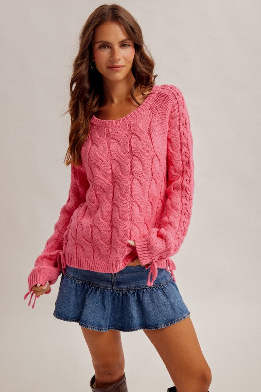 Hot Pink Cable Knit Lace-Up Sweater