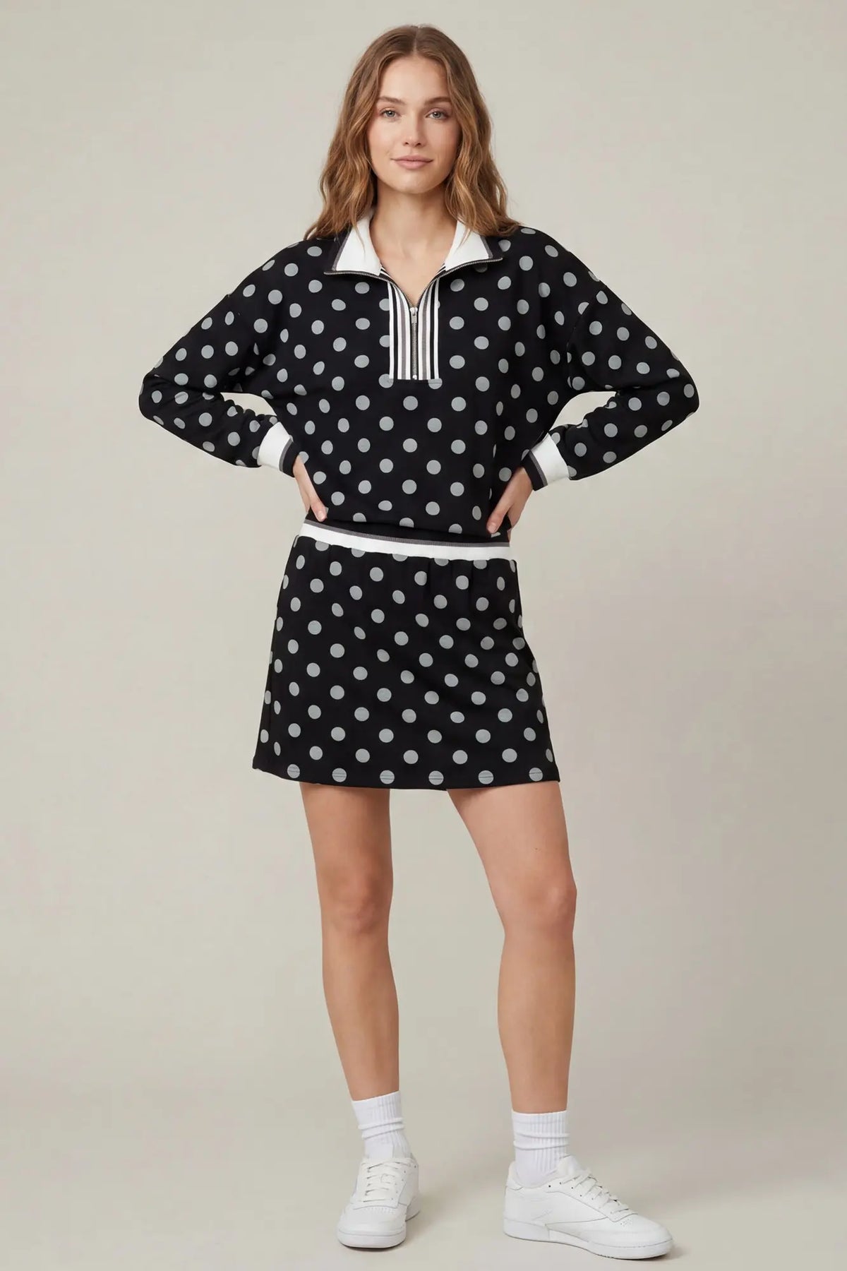 Black Polka-Dot Half-Zip Top & Mini Skirt Knit Set