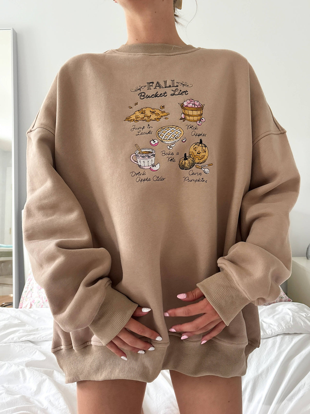 Cappuccino Autumn Fall Bucket List Embroidered Sweatshirt