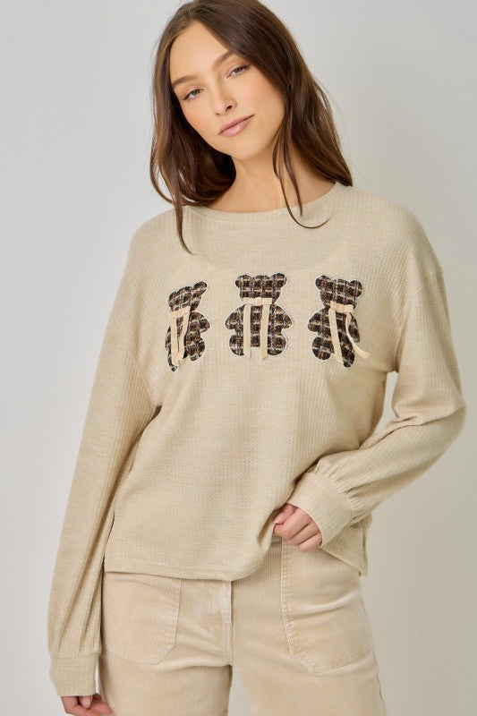 Gummy Bear Tweed Waffle-Knit Oversized Pullover with Velvet Ribbon