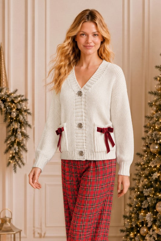 Velvet Bow Pocket Holiday Knit Cardigan