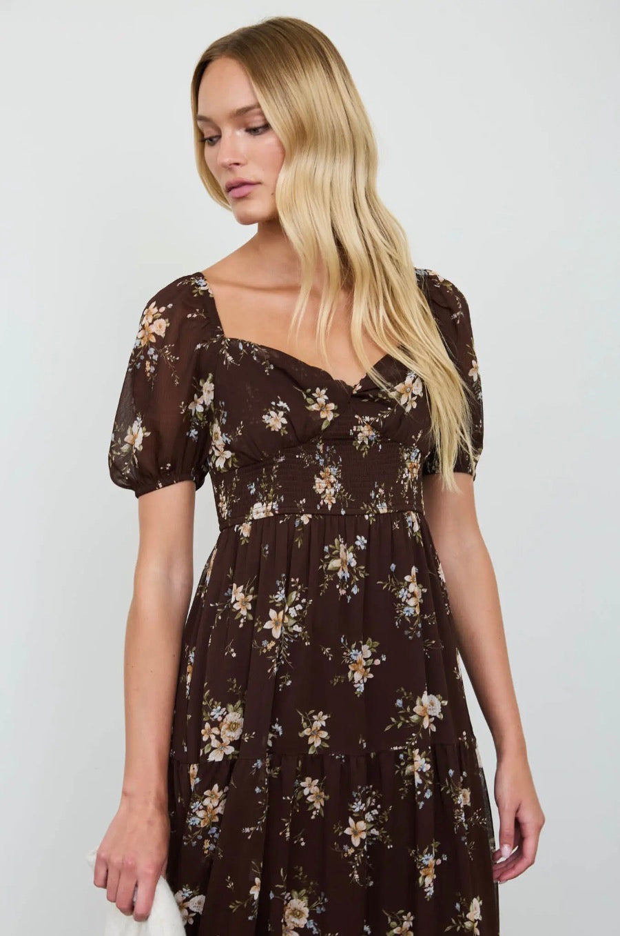 Floral Puff-Sleeve Tiered Midi Dress | Burgundy or Brown