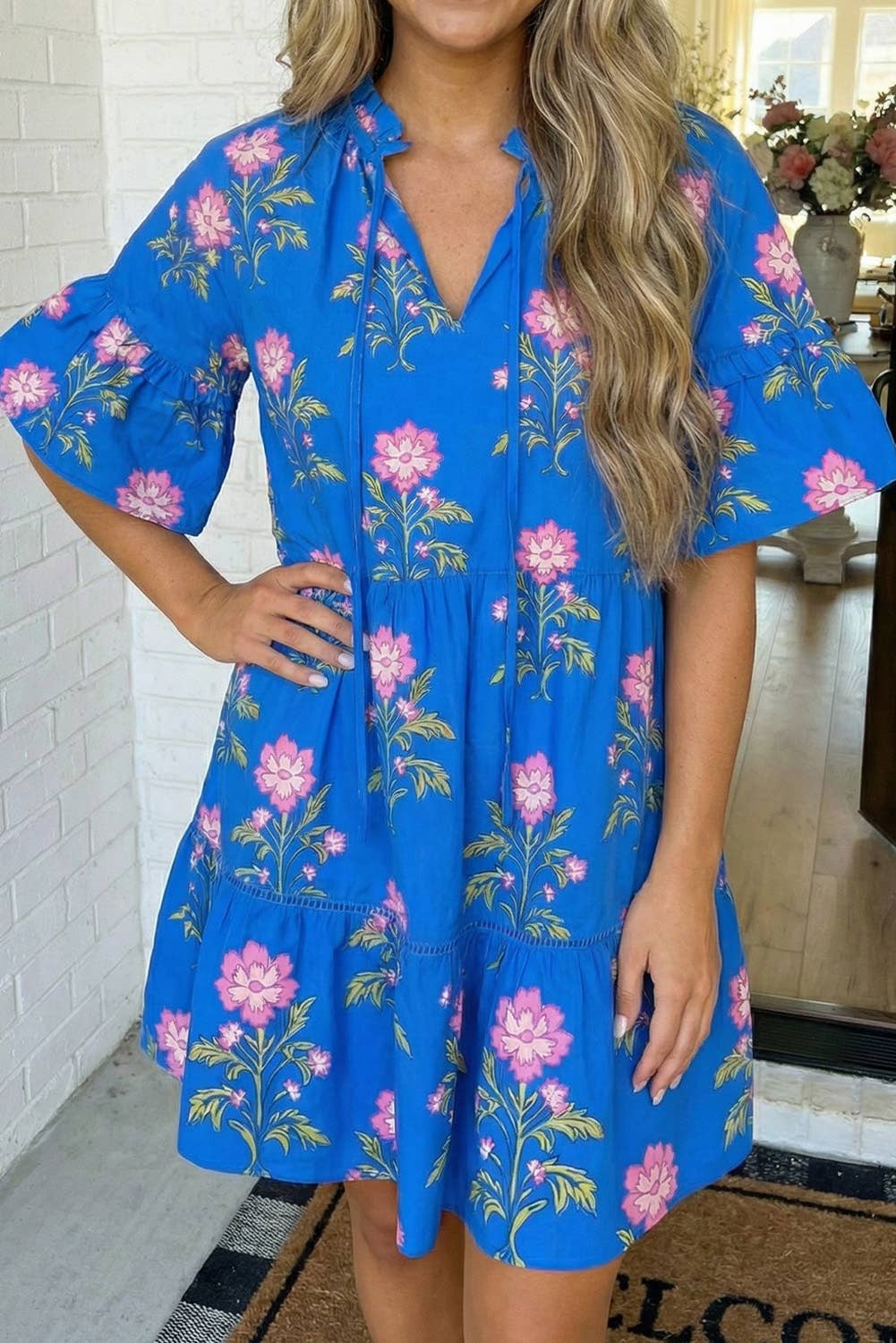 LAS V Neck Short Sleeve Loose Flower Dress (S-XL): Blue
