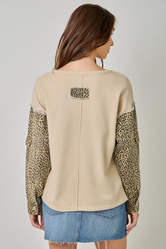 Leopard Motif Washed Terry & Denim Two-Fer Sweatshirt