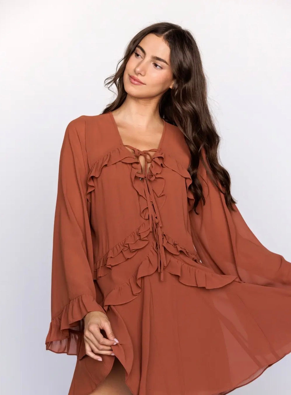 Rust Tie-Front Ruffled Tiered Mini Dress