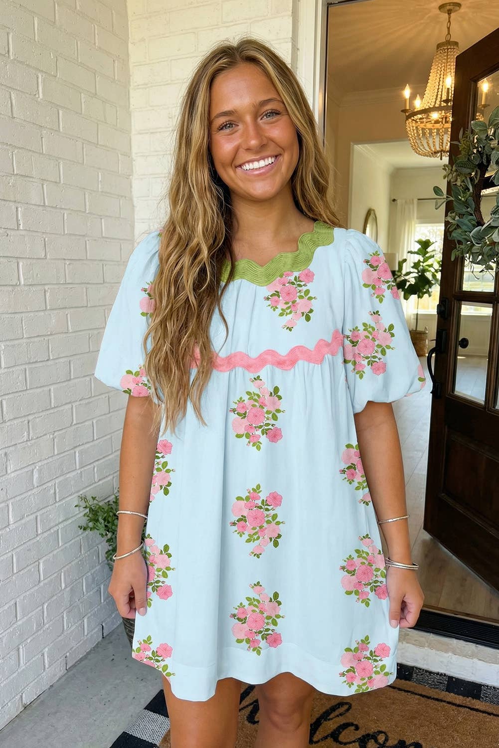 LAS Floral Ricrac Detail Bubble Sleeve Dress (S-XL): Sky Blue