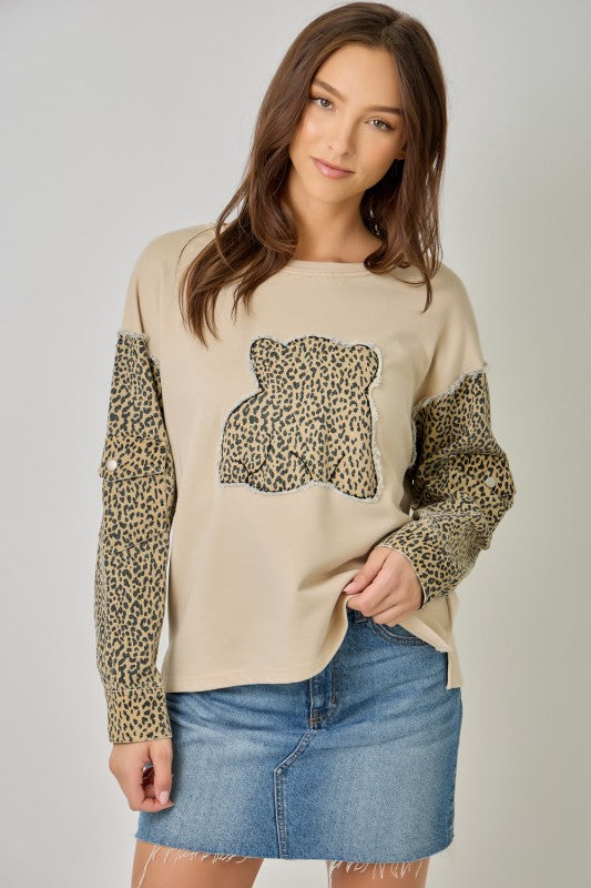 Leopard Motif Washed Terry & Denim Two-Fer Sweatshirt