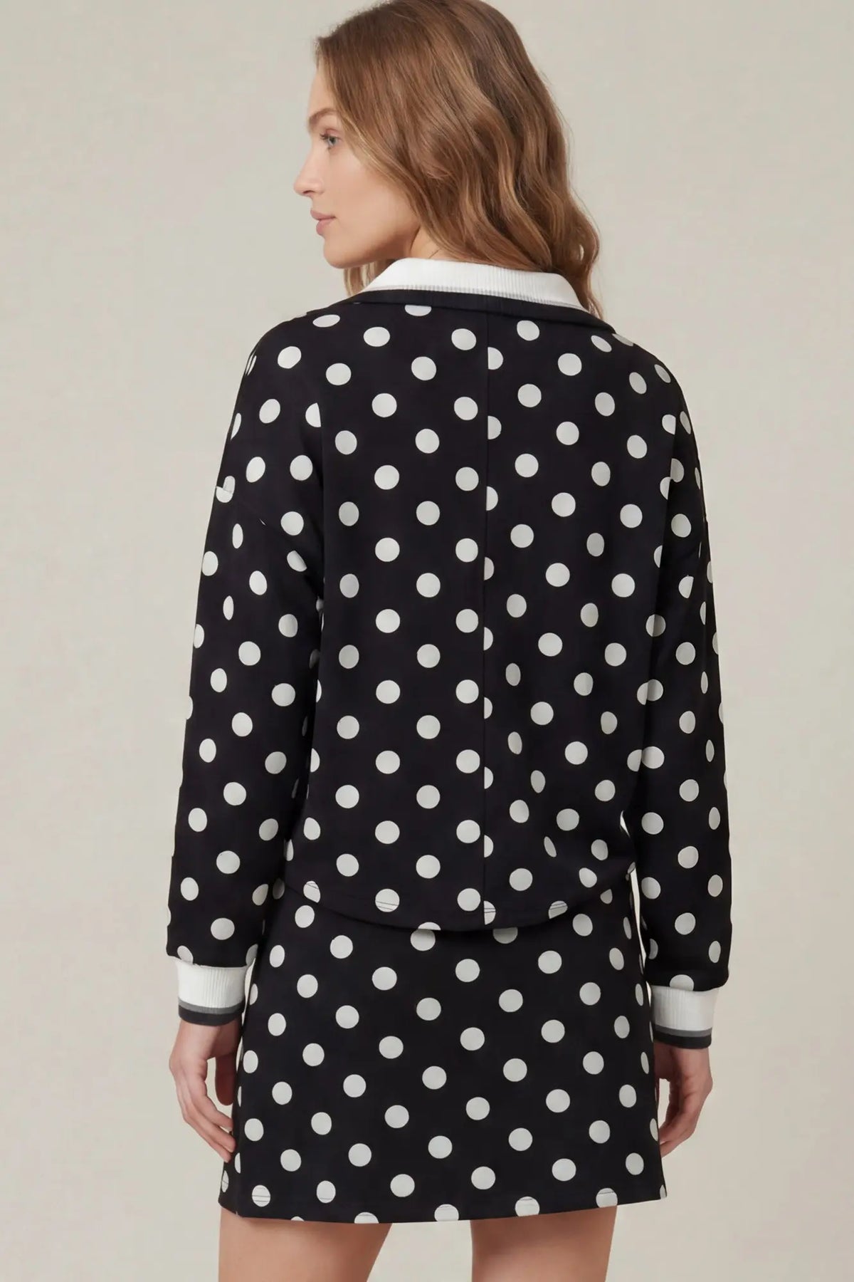Black Polka-Dot Half-Zip Top & Mini Skirt Knit Set