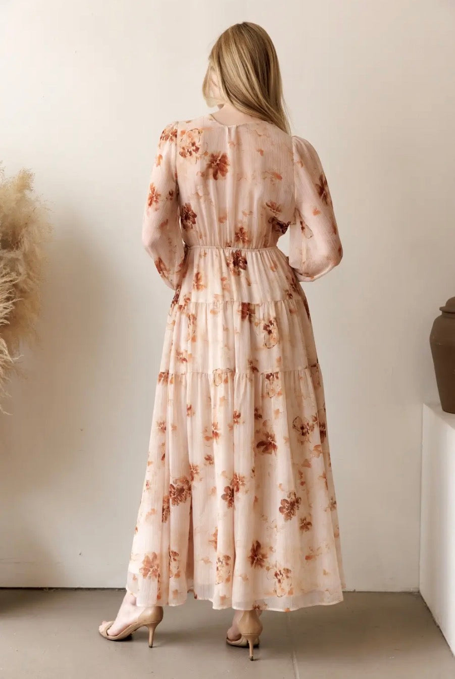 Beige Brown Floral Tiered Button-Front Midi Dress