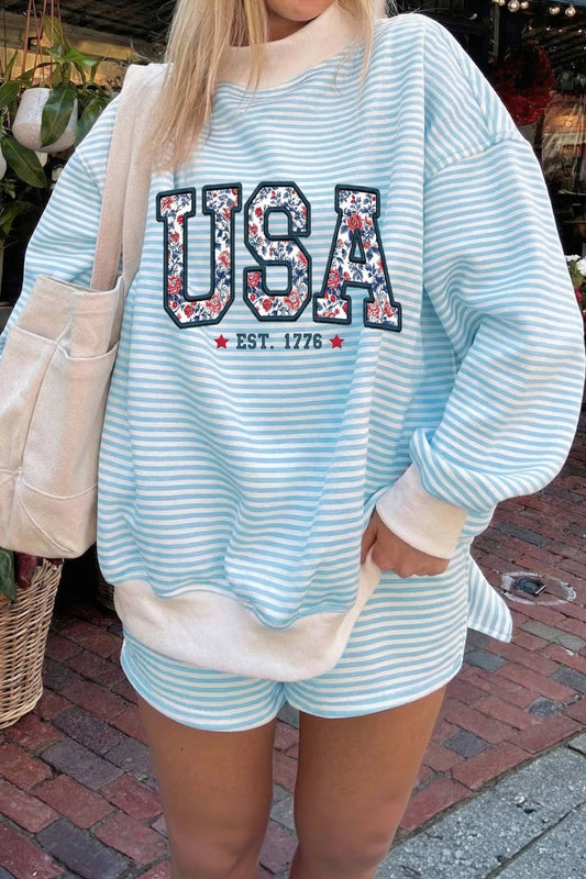 LDC 4th of July USA Striped Colorblock Two Piece Short Set: Sky Blue Stripe