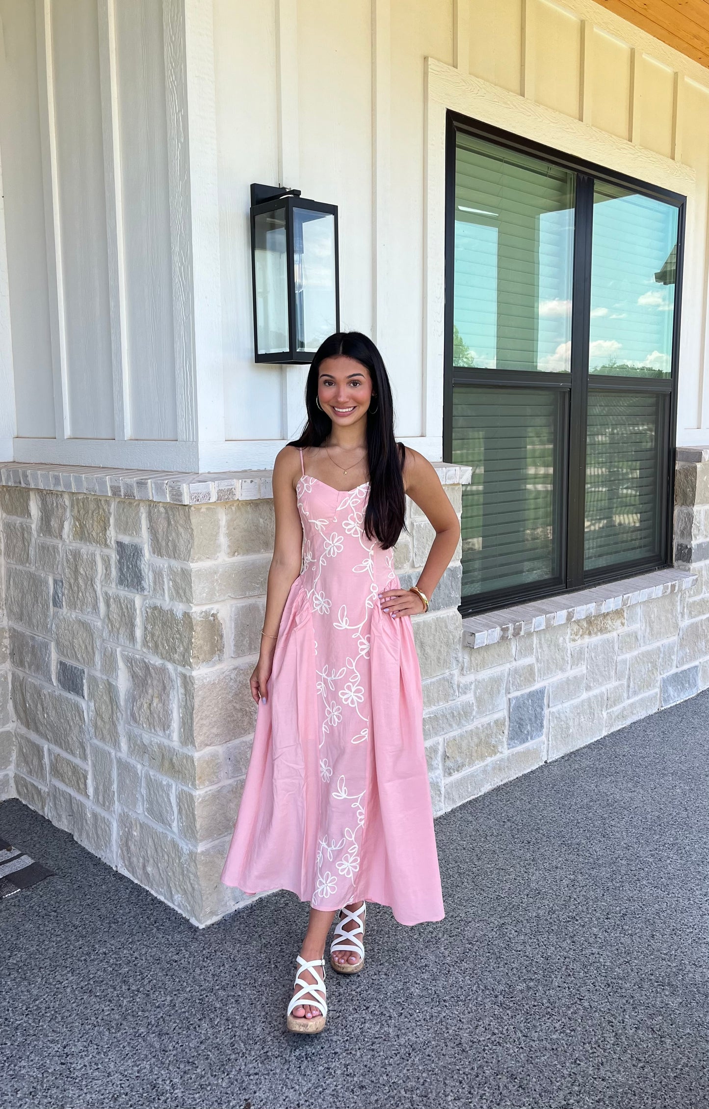 Embroidered Floral Strap Midi Dress