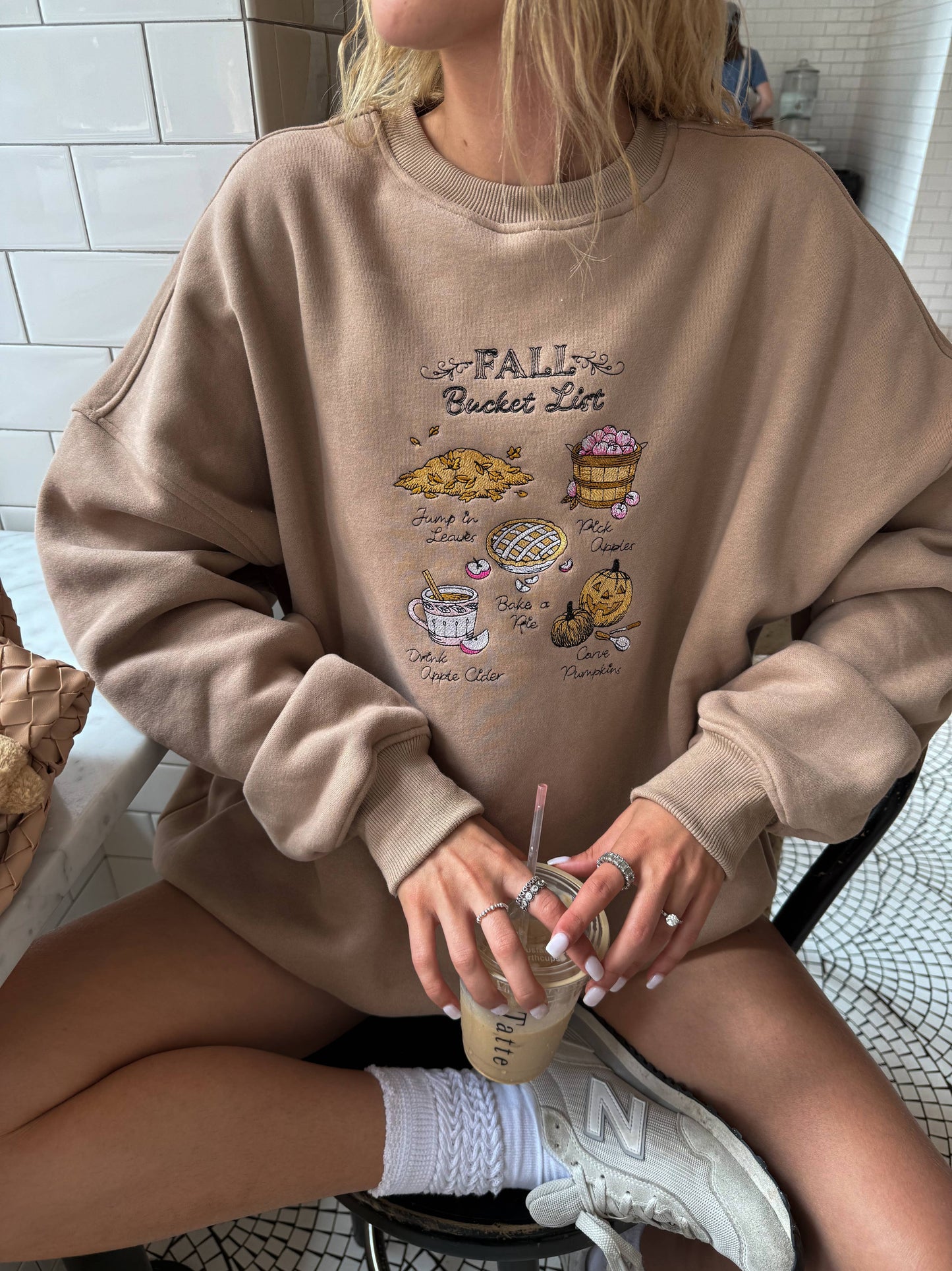 Cappuccino Autumn Fall Bucket List Embroidered Sweatshirt