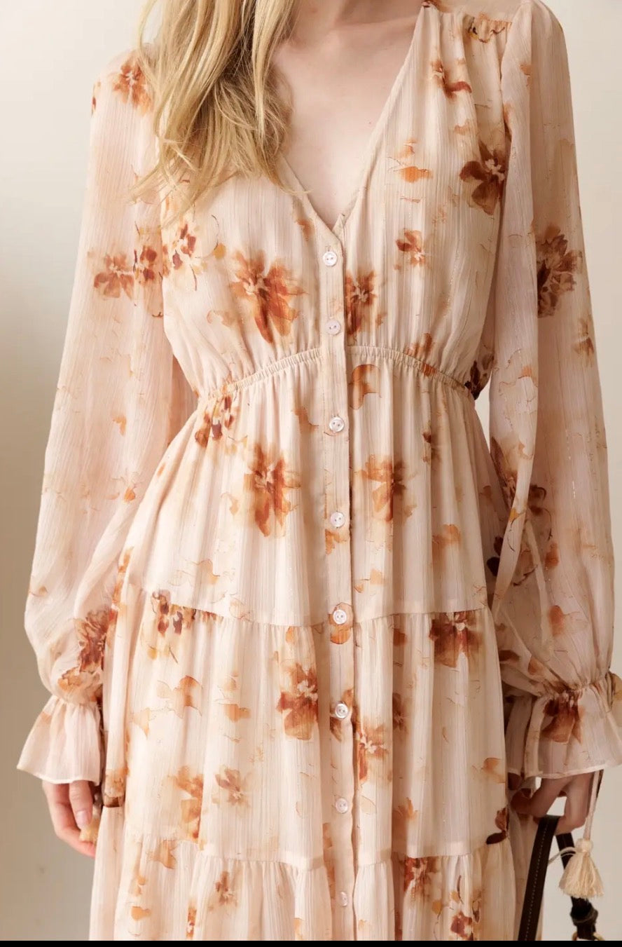 Beige brown floral tiered button-front midi dress with balloon sleeves
