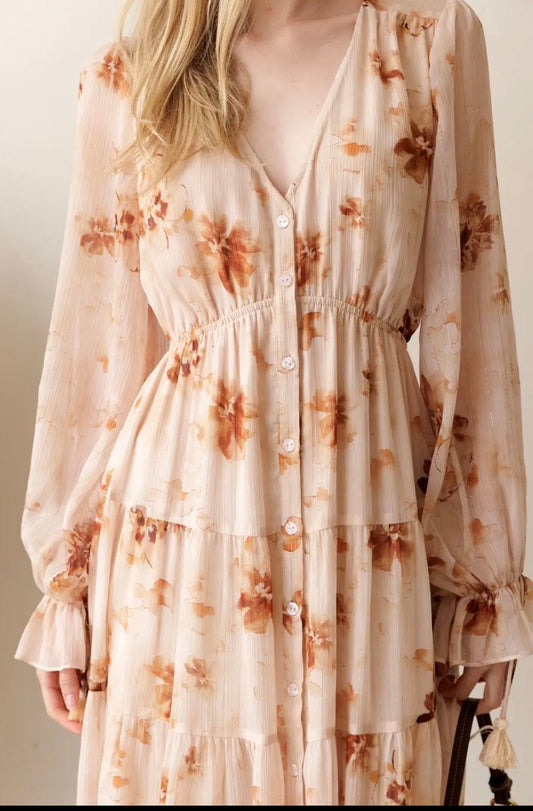 Beige brown floral tiered button-front midi dress with balloon sleeves