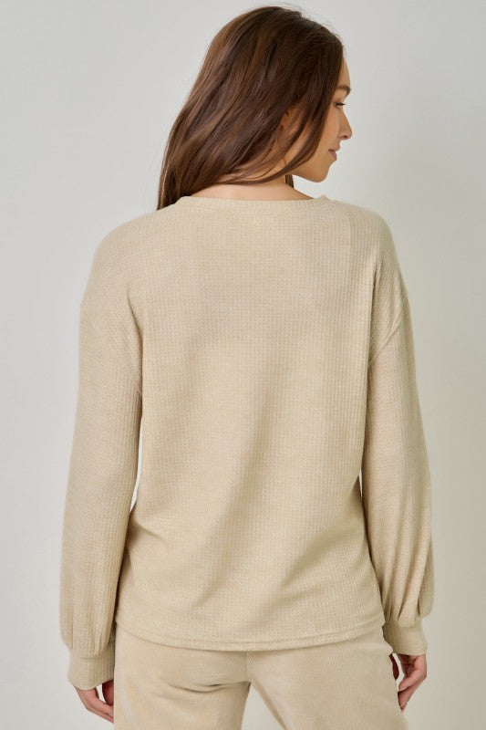 Gummy Bear Tweed Waffle-Knit Oversized Pullover with Velvet Ribbon