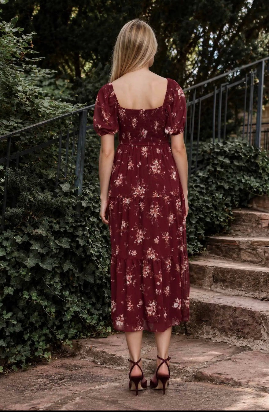 Floral Puff-Sleeve Tiered Midi Dress | Burgundy or Brown