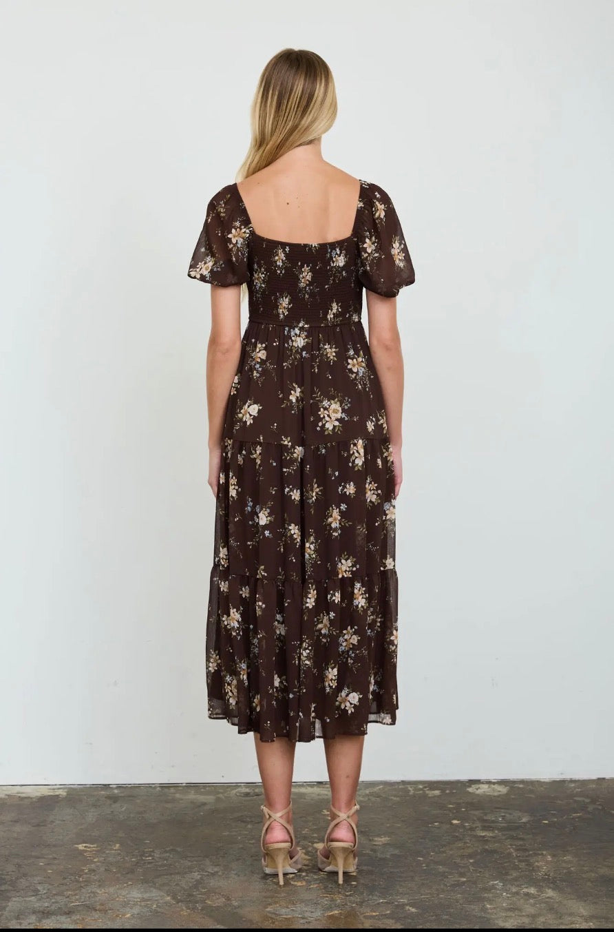 Floral Puff-Sleeve Tiered Midi Dress | Burgundy or Brown