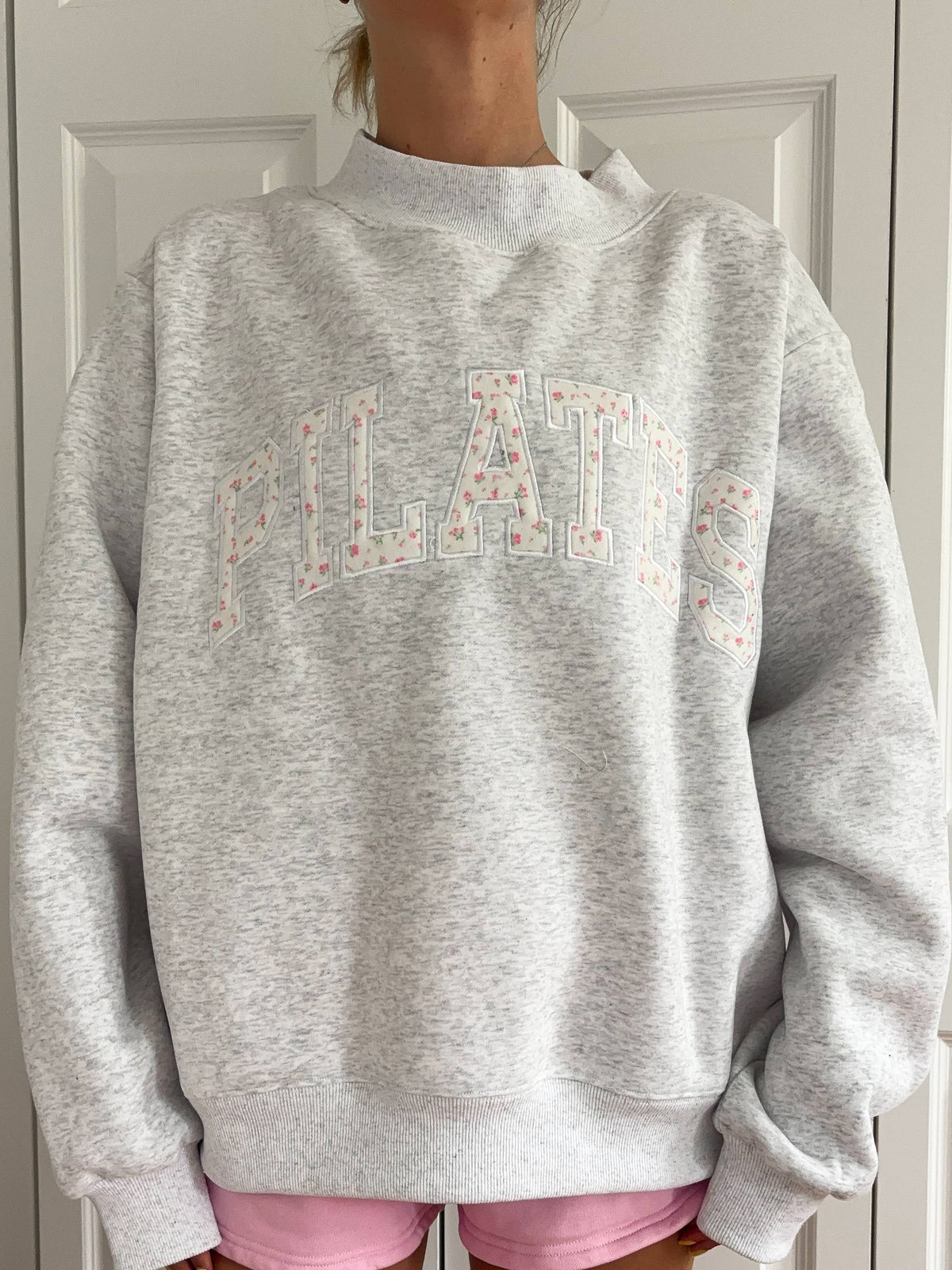 Pearl Grey Mockneck Pilates Embroidered Sweatshirt