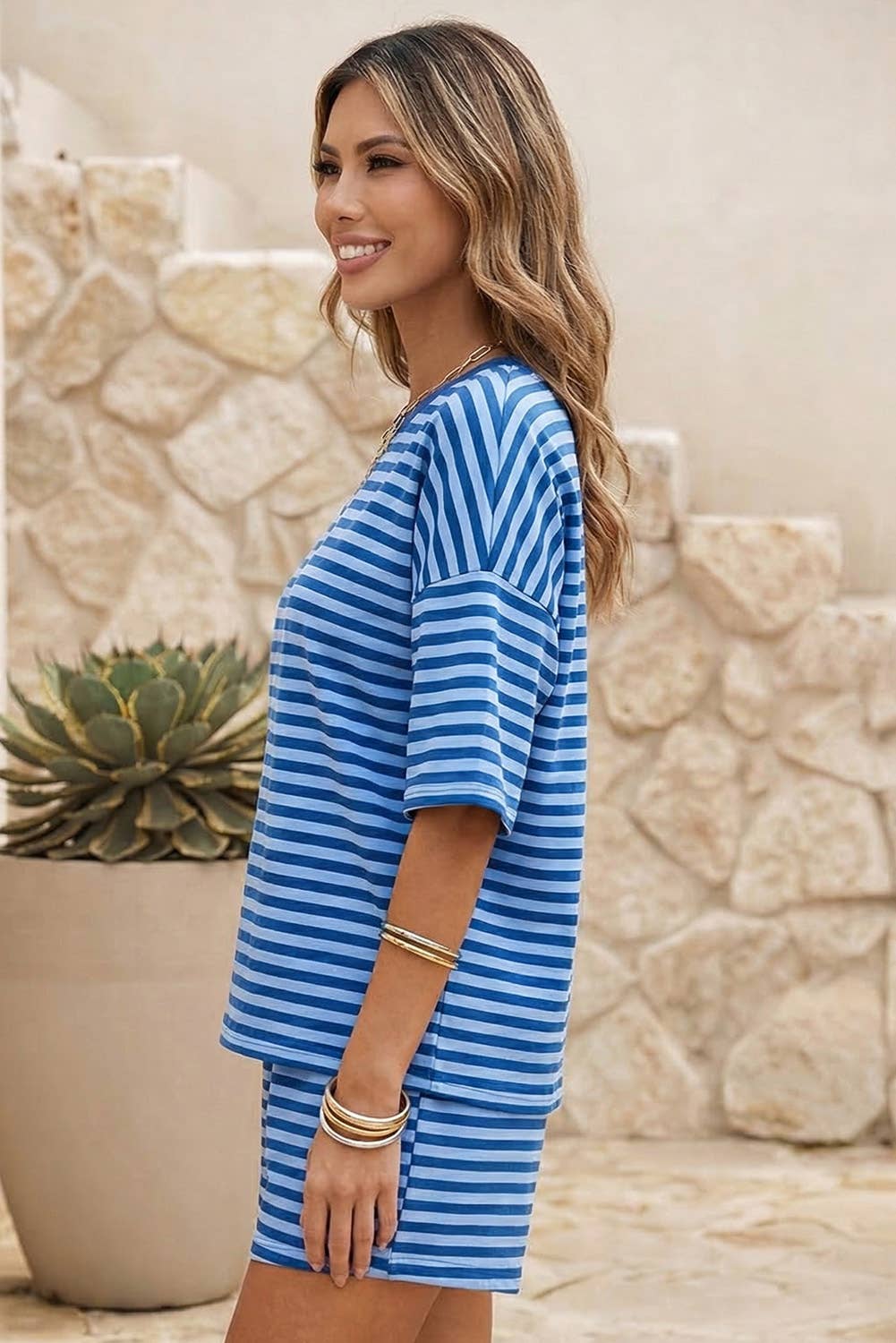 LDC Stripe Dropped Shoulder Tee Loose 2pcs Short Set | S-4X: Blue Stripe
