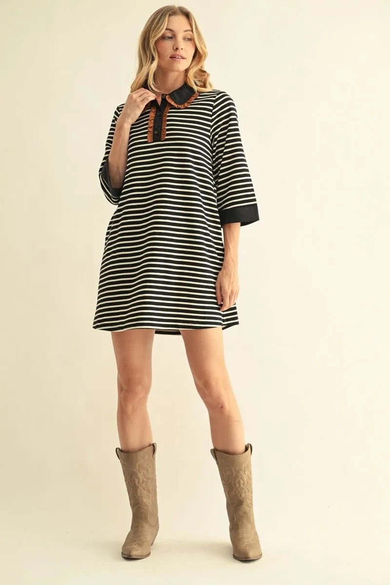 Black & Ivory Striped Ruffle-Trim Collared Dress