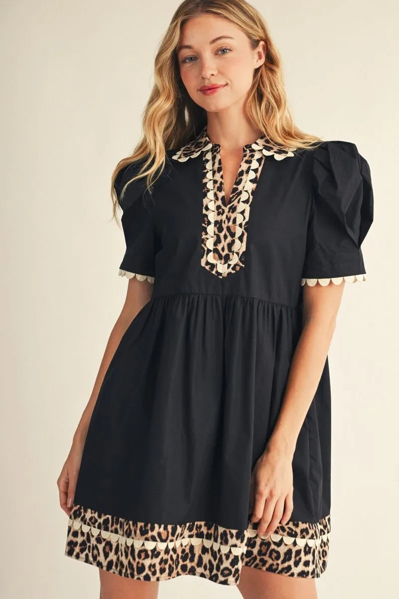 Leopard Contrast Puff Sleeve Dress