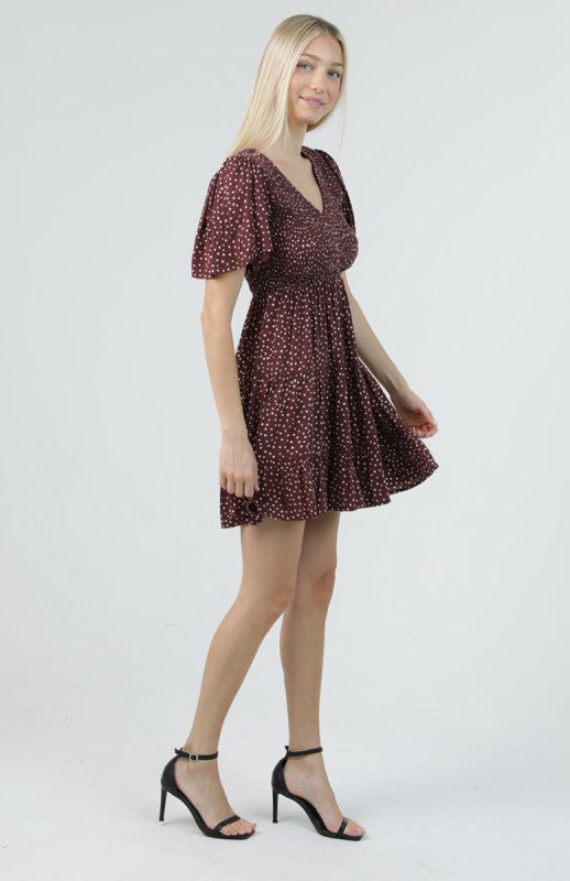 Chocolate Dot Flutter Sleeve Dress