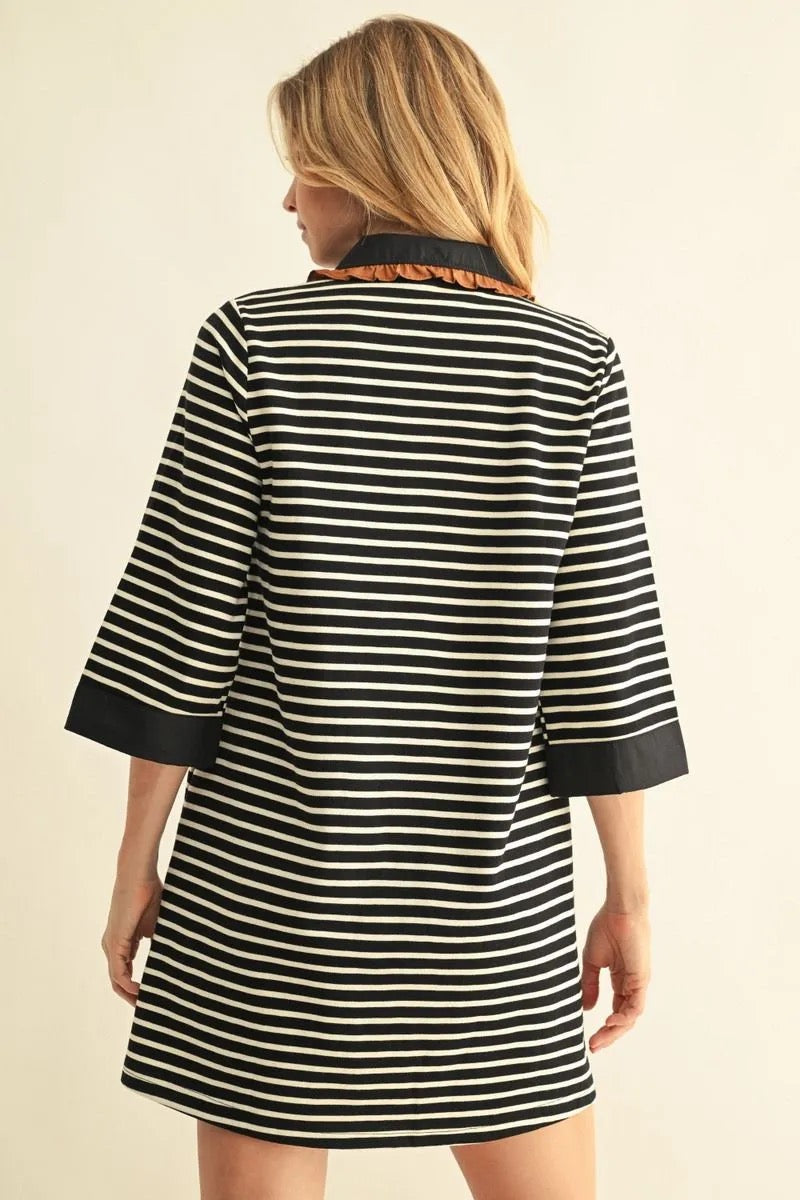 Black & Ivory Striped Ruffle-Trim Collared Dress