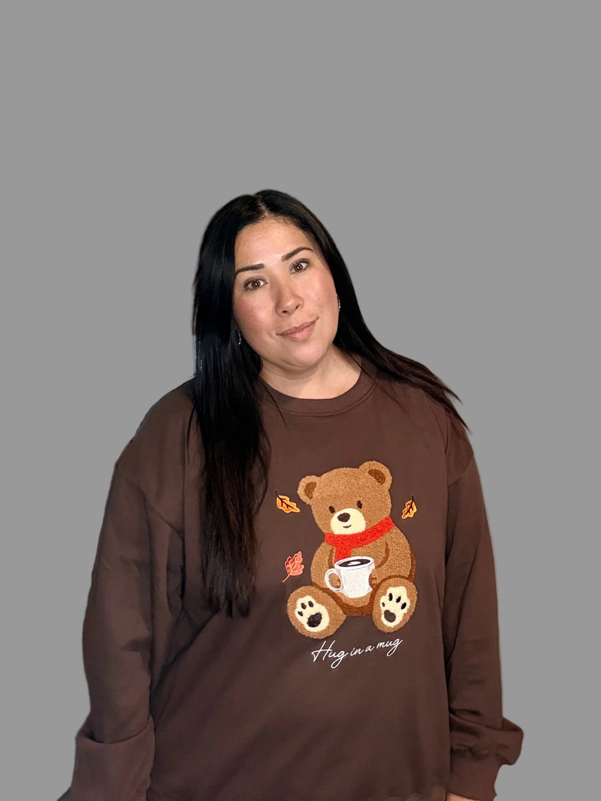 Hug in a Mug Teddy Bear Graphic Sweatshirt-Brown