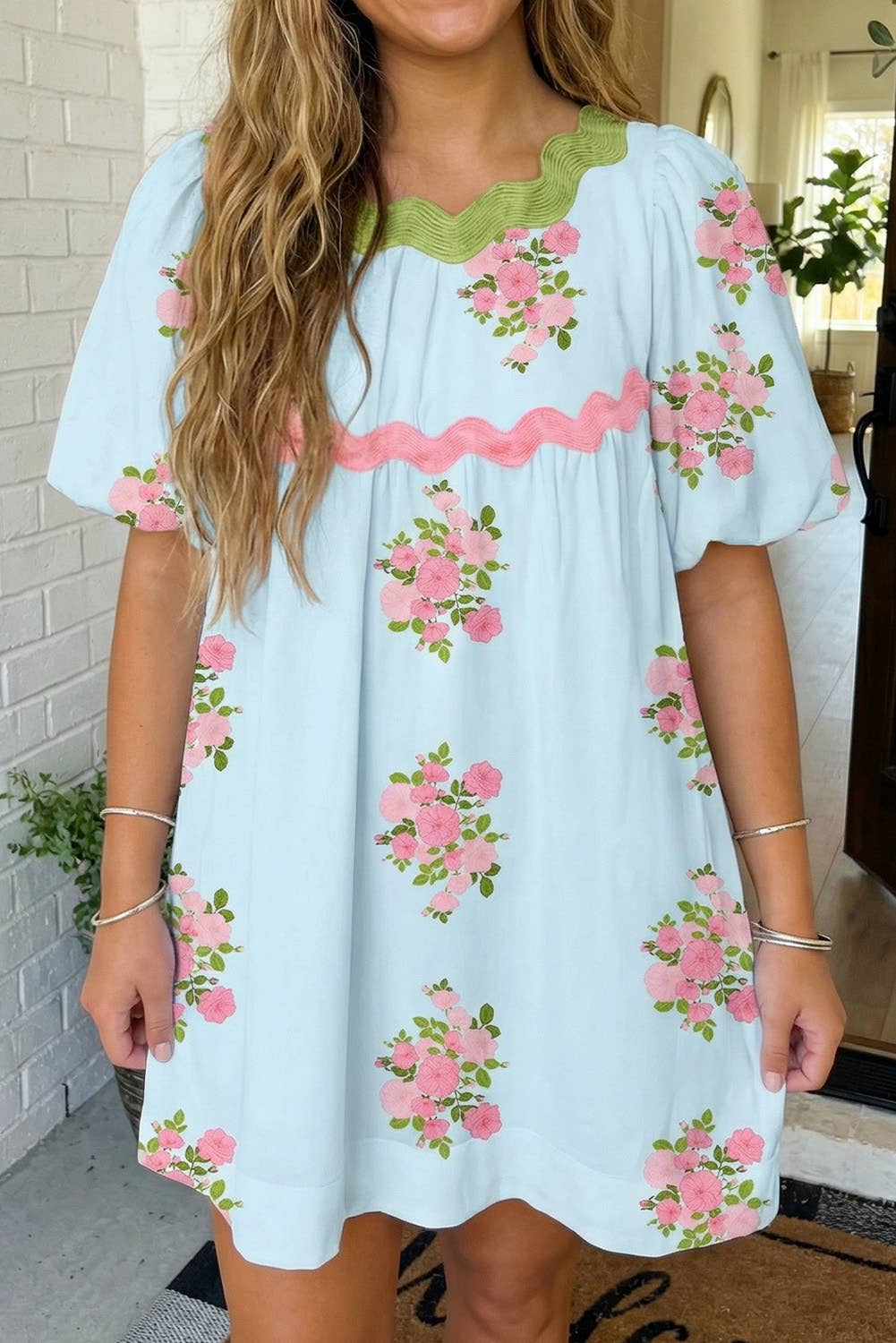 LAS Floral Ricrac Detail Bubble Sleeve Dress (S-XL): Sky Blue