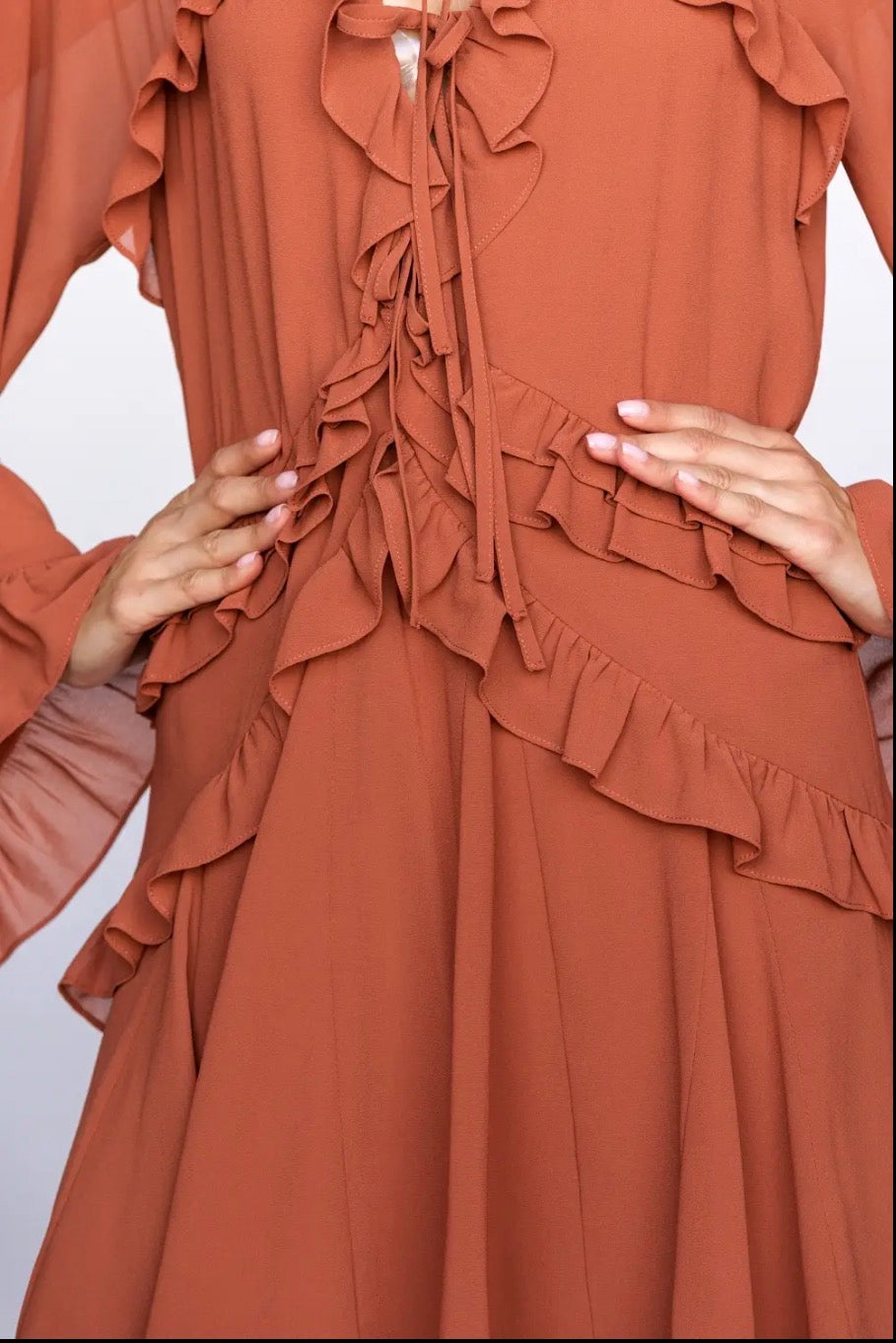 Rust Tie-Front Ruffled Tiered Mini Dress