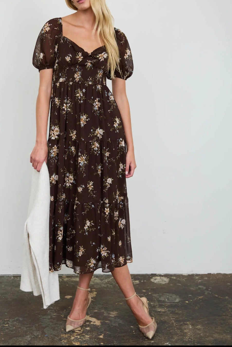 Floral Puff-Sleeve Tiered Midi Dress | Burgundy or Brown
