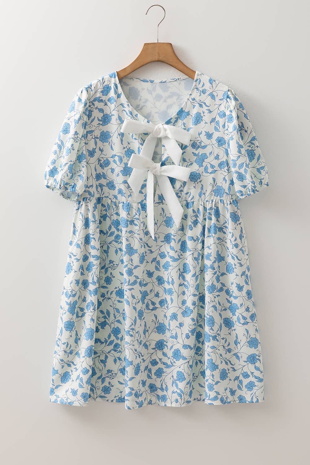 LAS Floral Contrast Bow Puff Sleeve Mini Dress (S-XL): Sky Blue