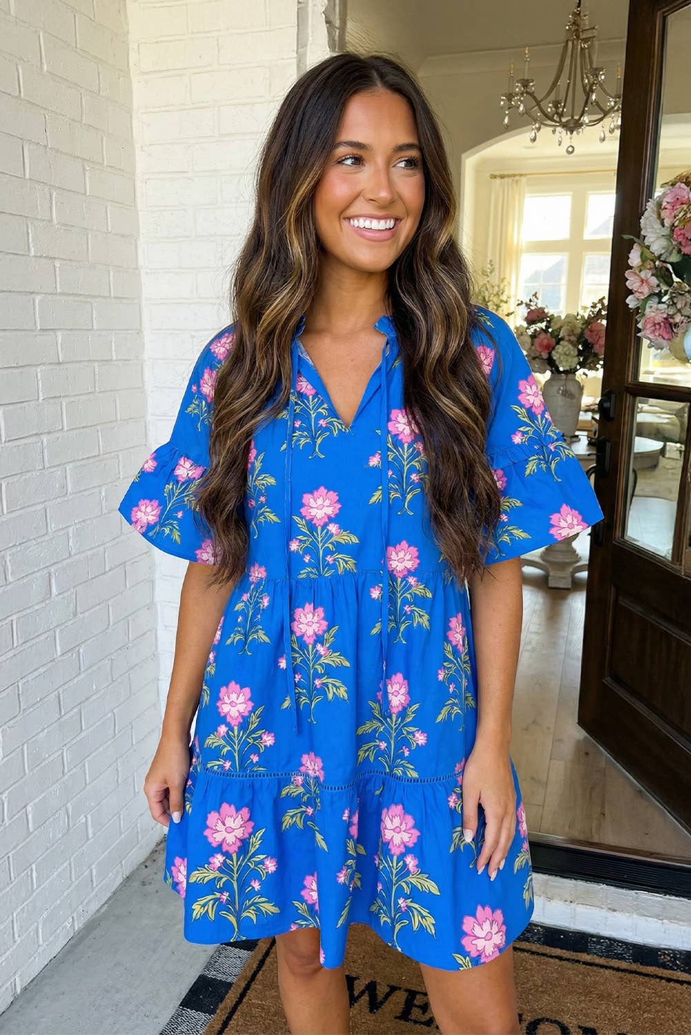 LAS V Neck Short Sleeve Loose Flower Dress (S-XL): Blue