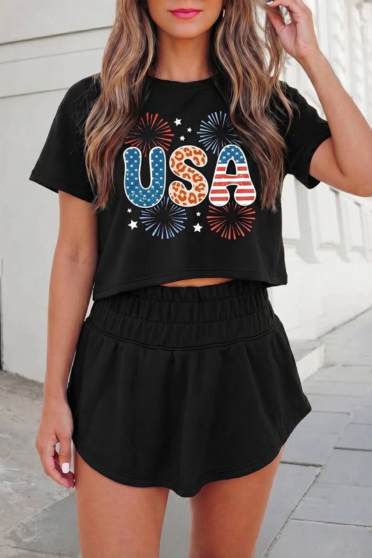 USA Graphic Print Tee 2pcs Mini Skort Set | S-XL : Black