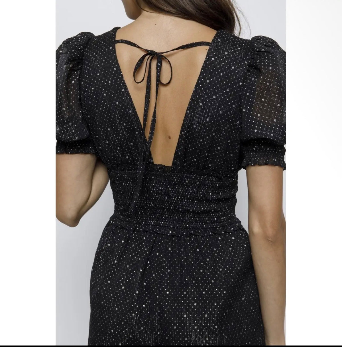 Black & Silver Sparkle Dot Puff-Sleeve Plunge Romper