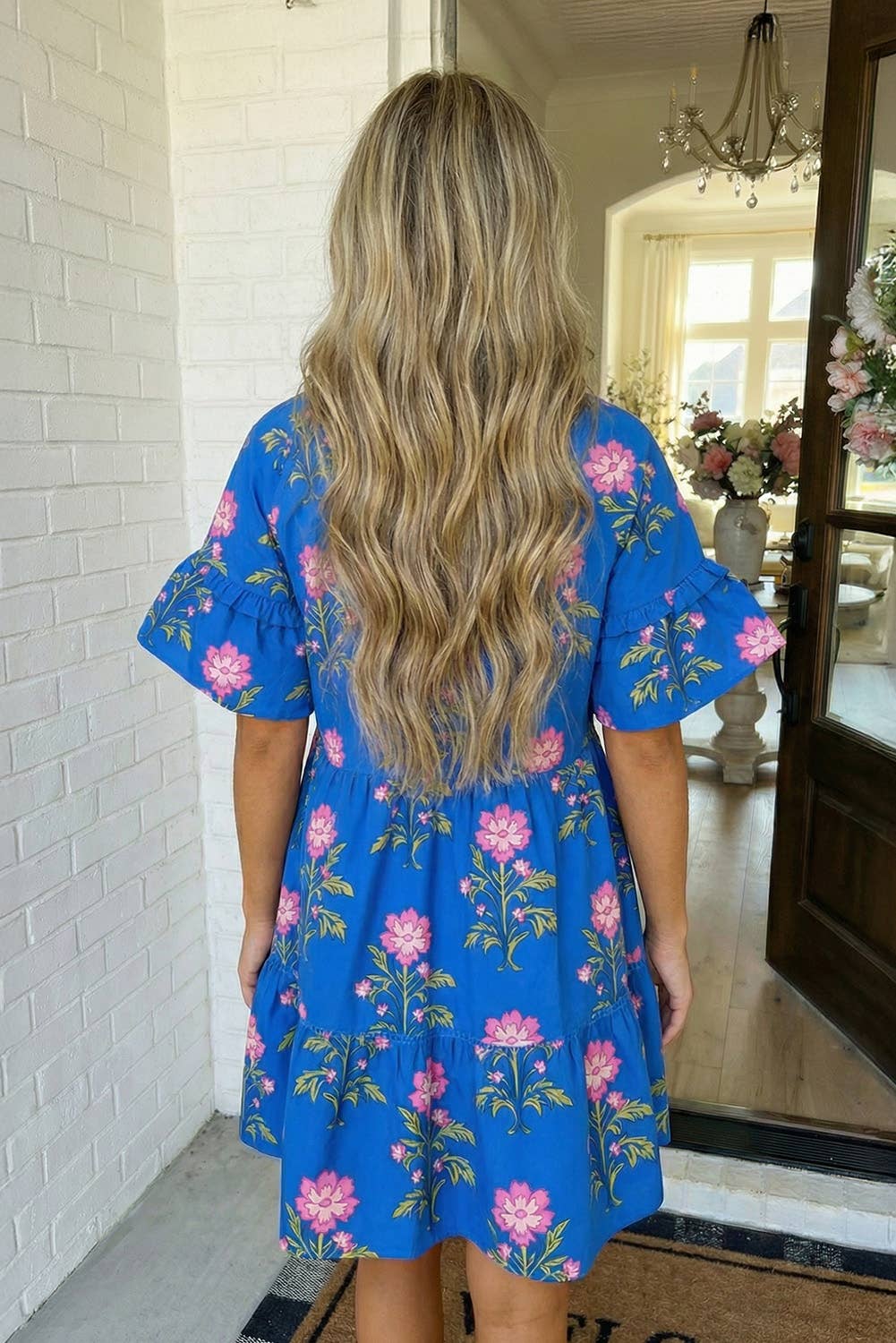 LAS V Neck Short Sleeve Loose Flower Dress (S-XL): Blue
