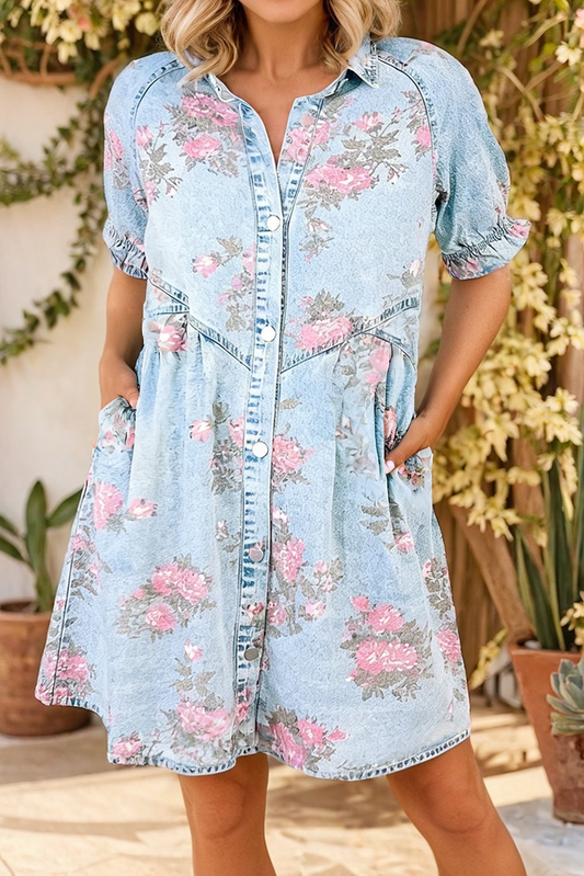 LAS Denim Floral Cuffed Button Down Shift Dress (S-XL): Sky Blue