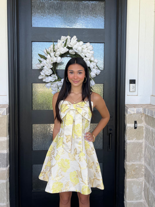 Glam Bow Floral Jacquard Mini Dress