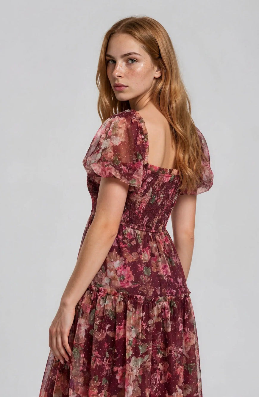 Burgundy Multi Floral Polka-Dot Tulle Puff-Sleeve Midi Dress