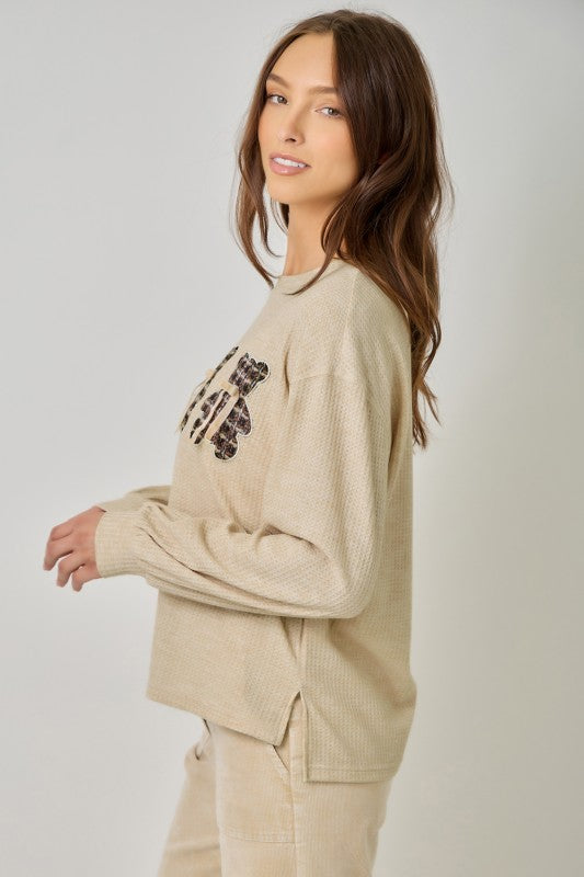 Gummy Bear Tweed Waffle-Knit Oversized Pullover with Velvet Ribbon