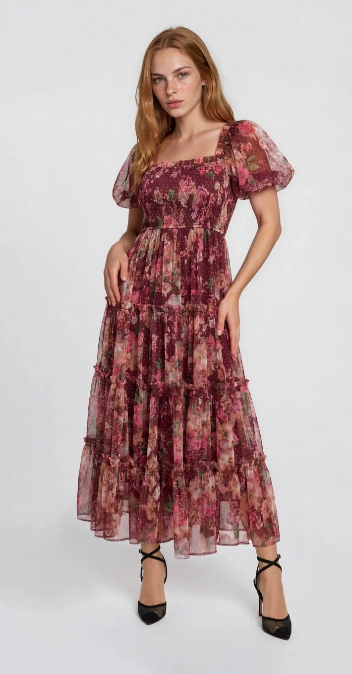 Burgundy Multi Floral Polka-Dot Tulle Puff-Sleeve Midi Dress