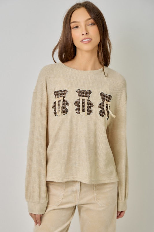 Gummy Bear Tweed Waffle-Knit Oversized Pullover with Velvet Ribbon
