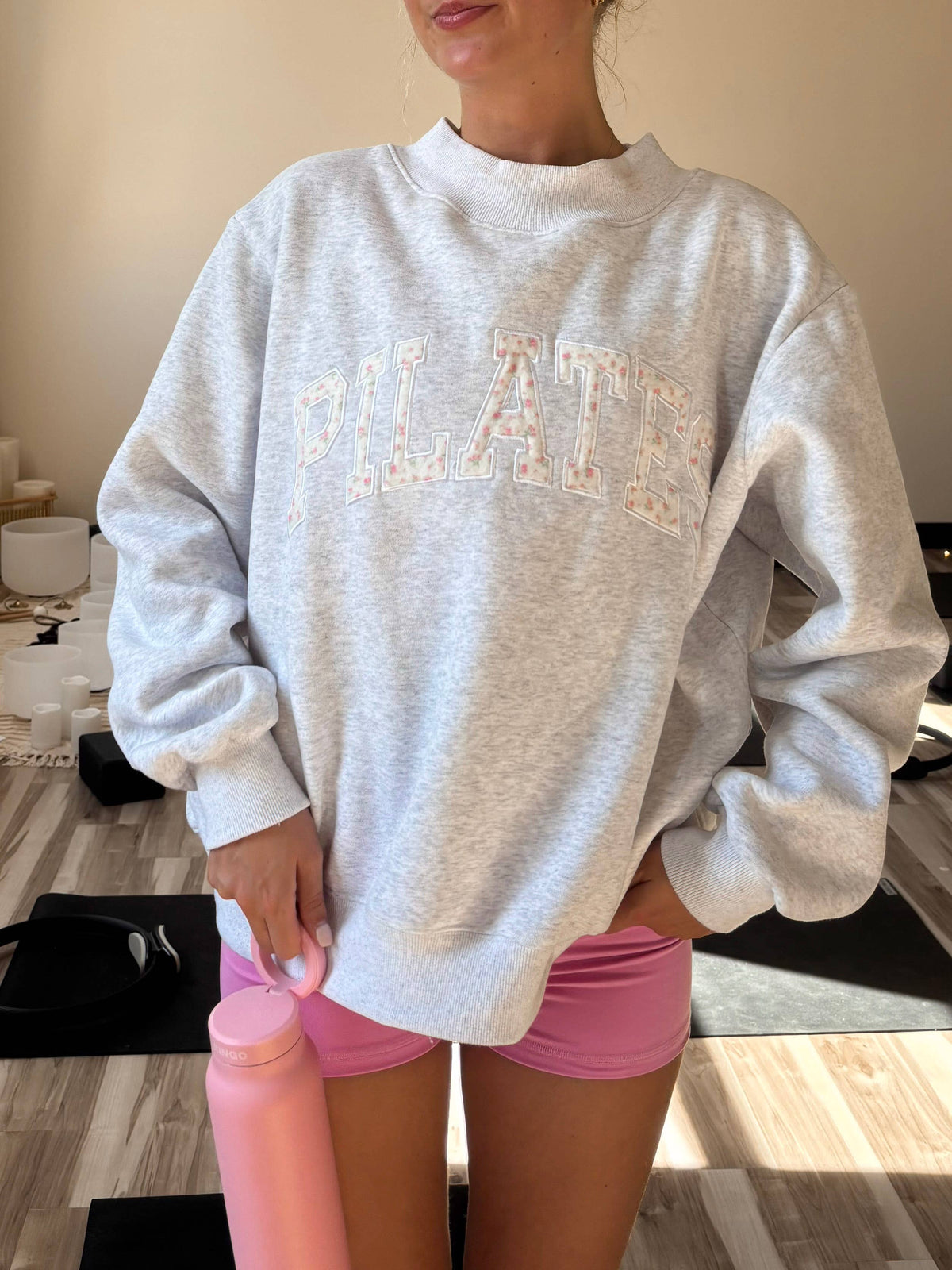 Pearl Grey Mockneck Pilates Embroidered Sweatshirt
