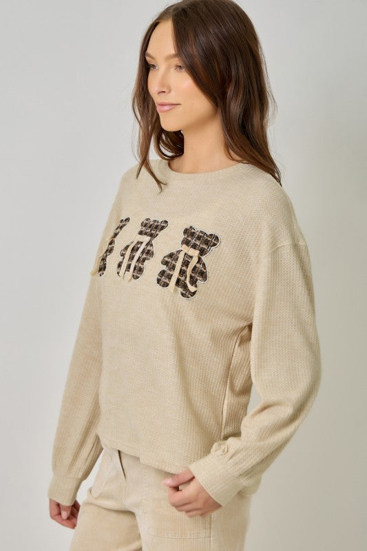 Gummy Bear Tweed Waffle-Knit Oversized Pullover with Velvet Ribbon