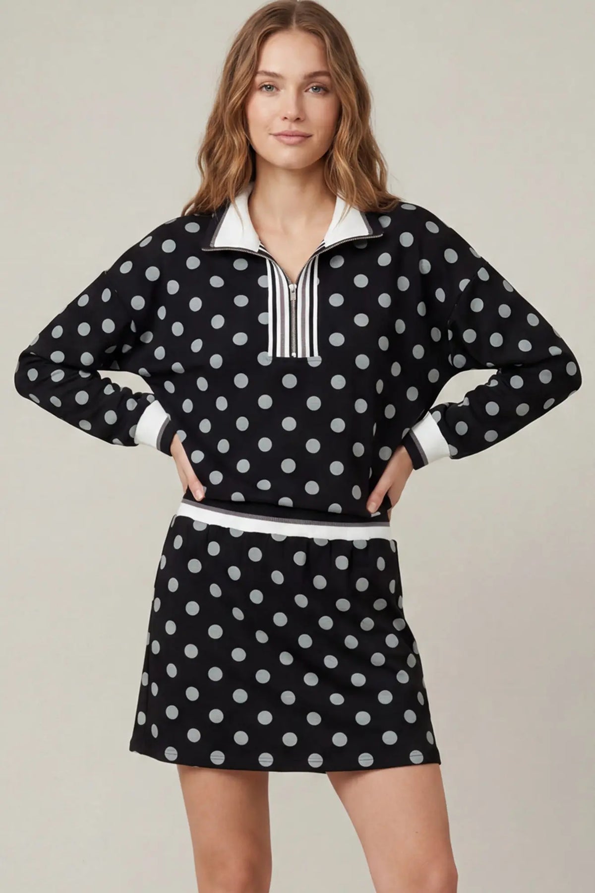 Black Polka-Dot Half-Zip Top & Mini Skirt Knit Set