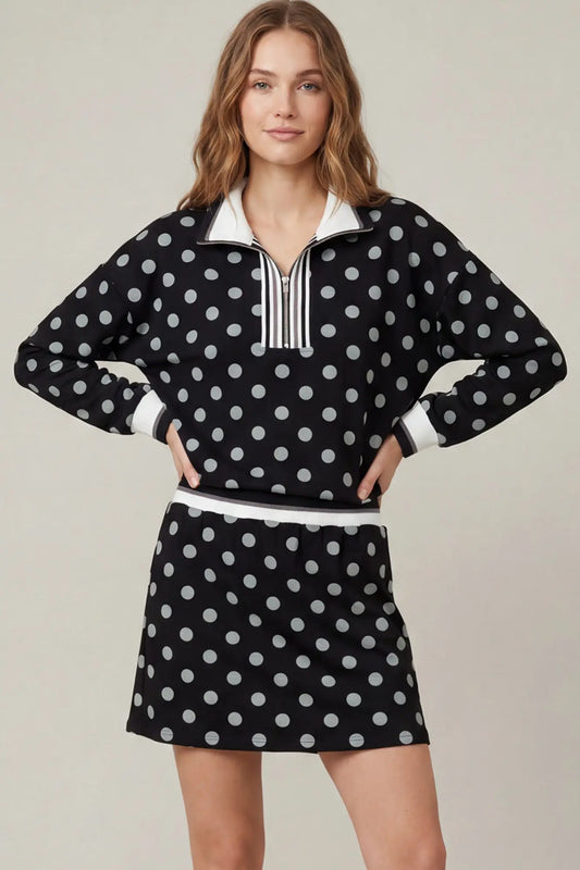 Black Polka-Dot Half-Zip Top & Mini Skirt Knit Set